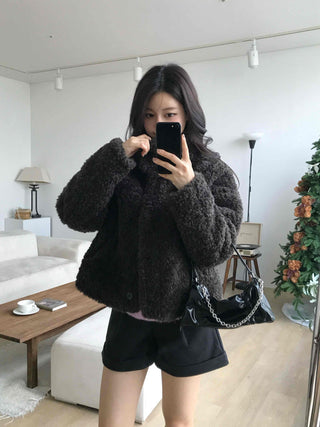 Heather Pattern Hooded Fur Loose Fit Jacket