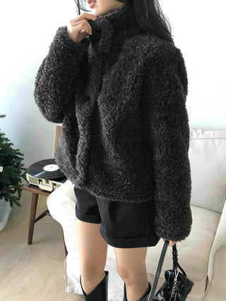 Heather Pattern Hooded Fur Loose Fit Jacket