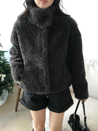 Heather Pattern Hooded Fur Loose Fit Jacket