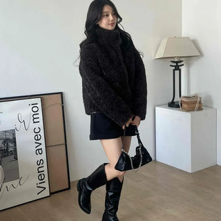 Heather Pattern Hooded Fur Loose Fit Jacket