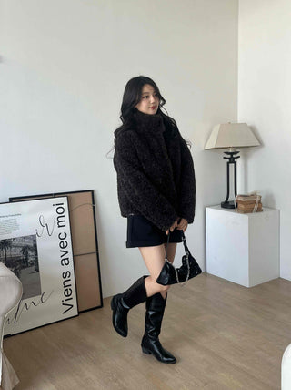 Heather Pattern Hooded Fur Loose Fit Jacket