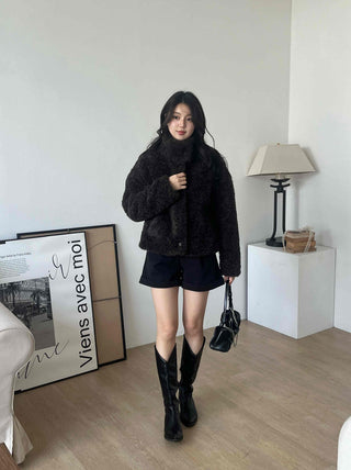 Heather Pattern Hooded Fur Loose Fit Jacket