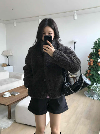Heather Pattern Hooded Fur Loose Fit Jacket