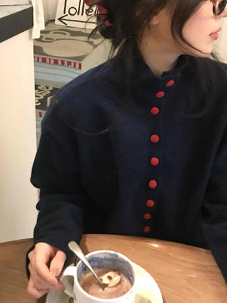 Retro Color Button Turtleneck Oversized Knit Cardigan