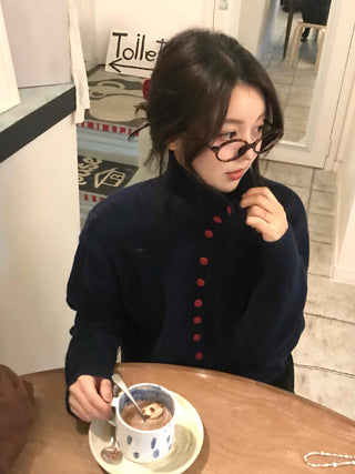 Retro Color Button Turtleneck Oversized Knit Cardigan