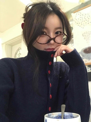 Retro Color Button Turtleneck Oversized Knit Cardigan