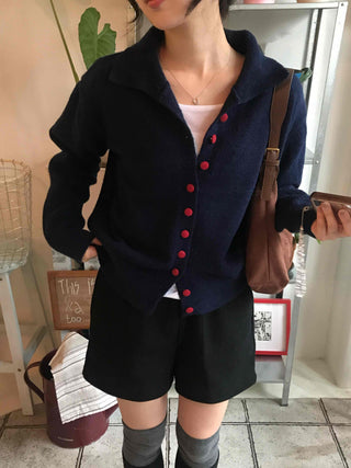 Retro Color Button Turtleneck Oversized Knit Cardigan