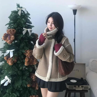 Fur-trimmed belt-point shearling jacket