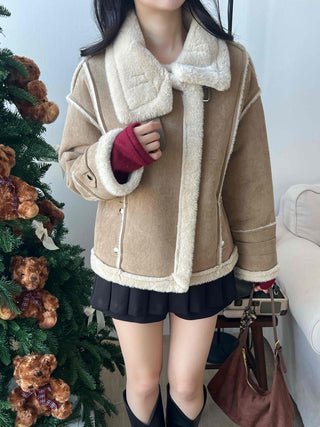 Fur-trimmed belt-point shearling jacket