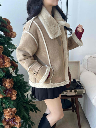 Fur-trimmed belt-point shearling jacket