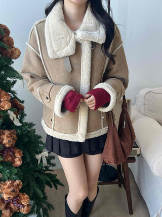 Fur-trimmed belt-point shearling jacket