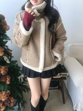 Fur-trimmed belt-point shearling jacket