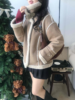 Fur-trimmed belt-point shearling jacket