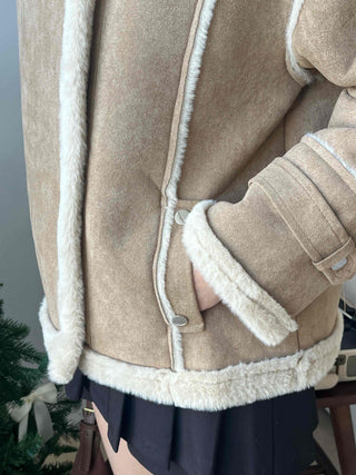 Fur-trimmed belt-point shearling jacket