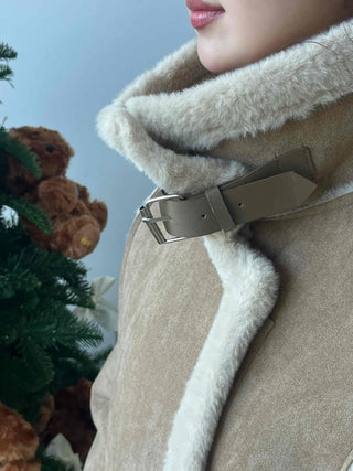 Fur-trimmed belt-point shearling jacket