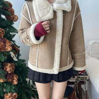 Fur-trimmed belt-point shearling jacket