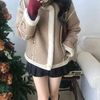 Fur-trimmed belt-point shearling jacket