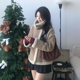 Fur-trimmed belt-point shearling jacket