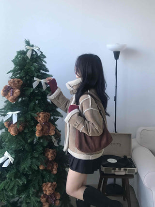 Fur-trimmed belt-point shearling jacket