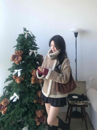 Fur-trimmed belt-point shearling jacket