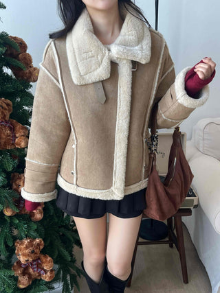 Fur-trimmed belt-point shearling jacket