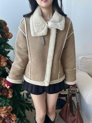 Fur-trimmed belt-point shearling jacket