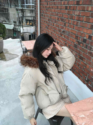 Fur Hooded Duffle Short Padded Jacket