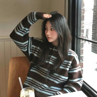 Cozy Multi-Stripe Loose Fit Button Knit