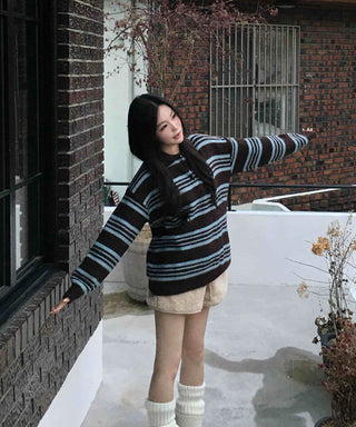 Cozy Multi-Stripe Loose Fit Button Knit