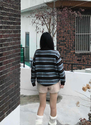 Cozy Multi-Stripe Loose Fit Button Knit
