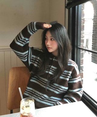 Cozy Multi-Stripe Loose Fit Button Knit