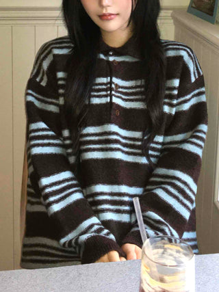 Cozy Multi-Stripe Loose Fit Button Knit