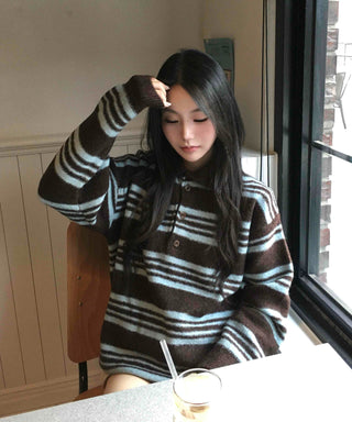 Cozy Multi-Stripe Loose Fit Button Knit