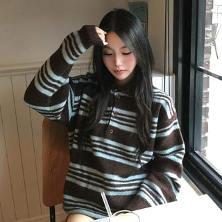 Cozy Multi-Stripe Loose Fit Button Knit