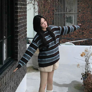 Cozy Multi-Stripe Loose Fit Button Knit