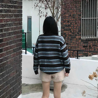 Cozy Multi-Stripe Loose Fit Button Knit