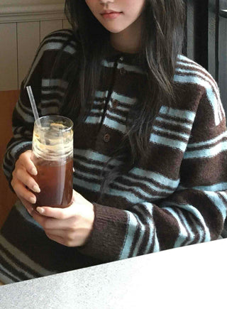 Cozy Multi-Stripe Loose Fit Button Knit
