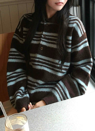 Cozy Multi-Stripe Loose Fit Button Knit