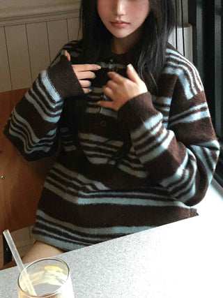 Cozy Multi-Stripe Loose Fit Button Knit