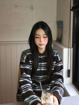 Cozy Multi-Stripe Loose Fit Button Knit