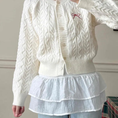 Romantic Ribbon Embroidered Cable Short Cardigan