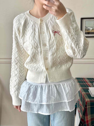 Romantic Ribbon Embroidered Cable Short Cardigan