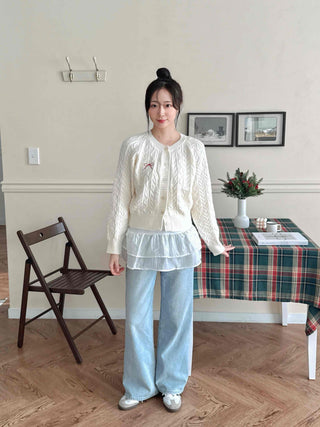 Romantic Ribbon Embroidered Cable Short Cardigan