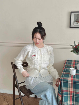 Romantic Ribbon Embroidered Cable Short Cardigan