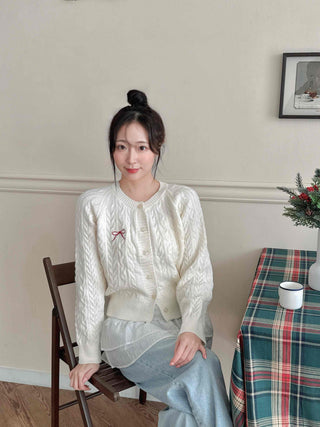 Romantic Ribbon Embroidered Cable Short Cardigan