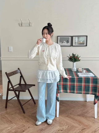 Romantic Ribbon Embroidered Cable Short Cardigan