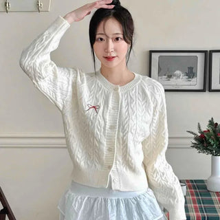 Romantic Ribbon Embroidered Cable Short Cardigan