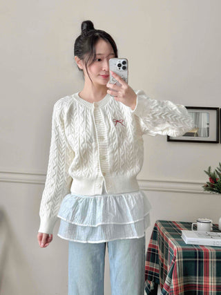 Romantic Ribbon Embroidered Cable Short Cardigan