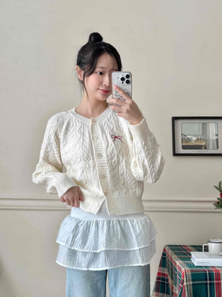Romantic Ribbon Embroidered Cable Short Cardigan