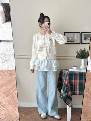 Romantic Ribbon Embroidered Cable Short Cardigan